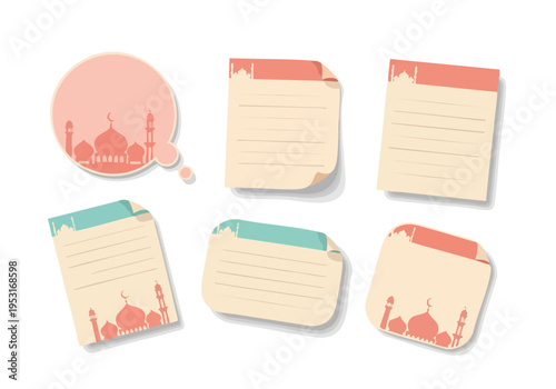 Islamic Mosque Notes. Ramadan Greeting Cards. Eid Mubarak Stationery.