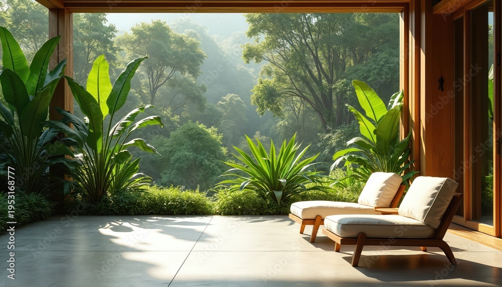 Fototapeta premium Modern patio with comfortable chairs looks out on dense green forest. Sunlight streams onto the concrete floor creating shadows. Rich plants surround the outdoor seating area.