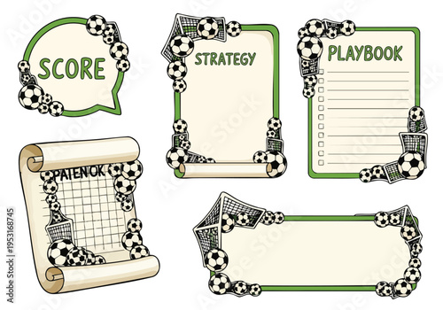 Hand-drawn soccer frames, sports borders, football planning templates, doodle graphic elements.