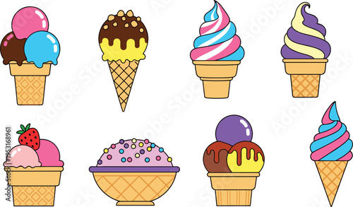 Ice Cream Dessert Collection Vector Illustration with Colorful Soft Serve Waffle Cone Scoops Chocolate Topping Strawberry and Sweet Frozen Treat Icons