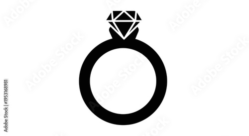 Black and white diamond ring icon, wedding jewelry symbol, simple vector art