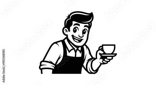 Black and White Barista Holding Coffee Cup - Cartoon Style Logo