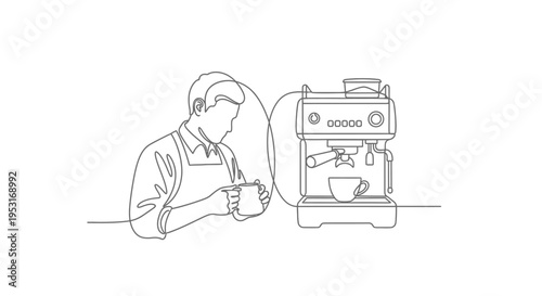 Barista making coffee at espresso machine, minimalist line art