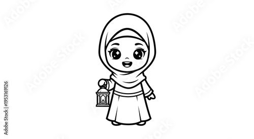 Cute Muslim girl in hijab holding lantern, black and white line art