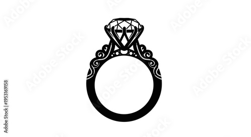 Black and white line art diamond ring icon, engagement jewelry symbol