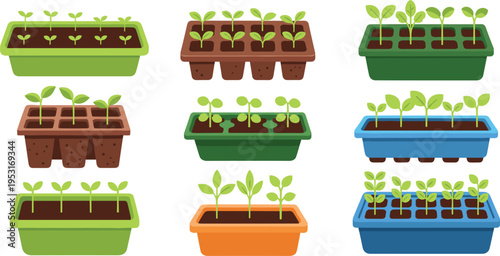 Seedling Tray and Plant Nursery Flat Vector Icon Set Featuring Growing Plants, Seed Starters, Soil Containers, and Gardening Sprouts Isolated on White Background