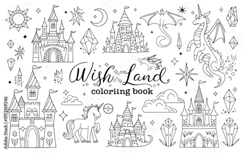 Whimsical fantasy castle and creature coloring book page for artistic creativity Vector