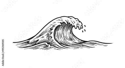 Black and White Line Art of a Crashing Ocean Wave
