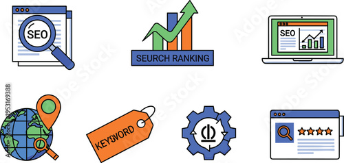 SEO Search Engine Optimization Icon Set Vector Illustration with Search Ranking Growth Keyword Tag Website Analysis Gear and Digital Marketing Tools
