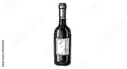 Black and White Line Art of a Wine Bottle with Label