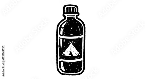 Black  White Line Art Bottle with Tent Icon for Camping and Adventure