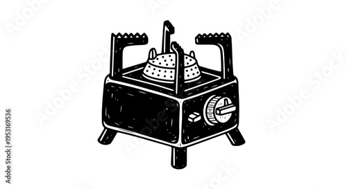 Camping  Outdoor Portable Gas Stove. Hand-drawn Black and White Sketch Illustration.