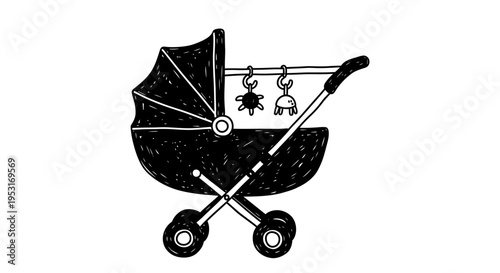 Black and White Doodle of a Baby Stroller with Hanging Toys