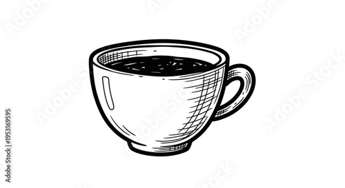 Black and White Line Art of a Coffee Cup Filled with Coffee