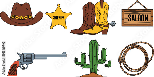 Wild West Cowboy Elements Flat Vector Icon Set Featuring Hat, Sheriff Badge, Boots, Revolver, Cactus, Rope, and Saloon Sign Isolated on White Background