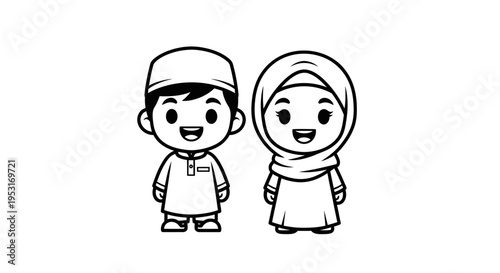 Black and White Line Art of Cute Muslim Boy and Girl in Traditional Attire