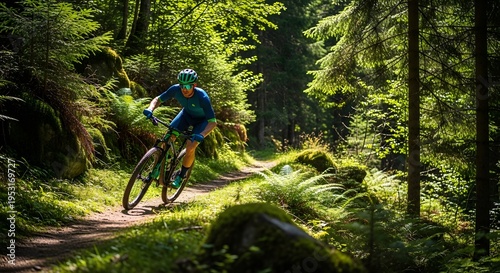 Mountain biker riding fast on a singletrack trail through a sunny green forest.