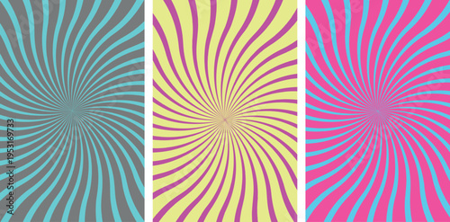 Background with spiral sunburst pattern in three color variations