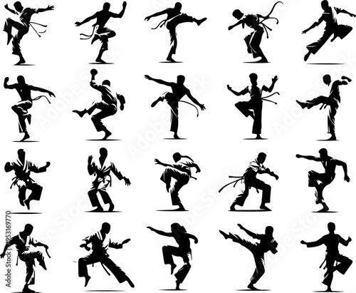 High-Contrast Vector-Style Set of Male and Female Athletes Practicing Karate, Taekwondo, and Kung Fu, Isolated on a Pure White Background
