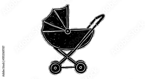 Black and white line art of a vintage baby stroller, isolated on white
