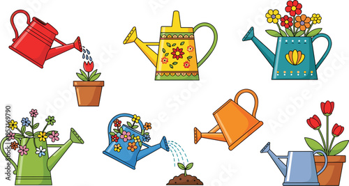 Watering Can and Flower Pot Flat Vector Icon Set Featuring Garden Watering Scenes, Blooming Plants, and Decorative Floral Containers Isolated on White Background