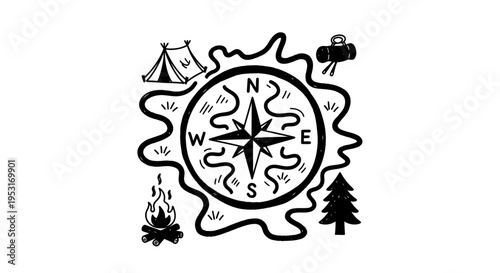 Black and White Line Art Compass and Camping Elements