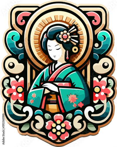 Highly Detailed Vector Logo of a Chinese Korean Royal Figure in Prayer Position, Surrounded by Auspicious Flowers and Stylized Scrolls