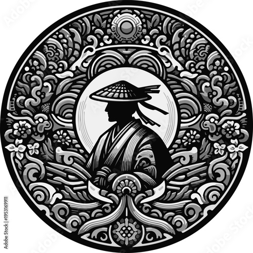 Highly Detailed Vector Logo of a Stoic Shogun or Buke Figure in Traditional Armor and Robes, Suitable for Martial Arts and Gaming Branding
