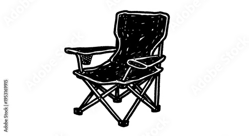 Black and white line art of a folding camping chair