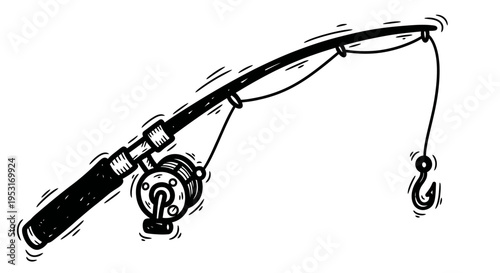 Black and White Line Art Fishing Rod with Hook and Reel