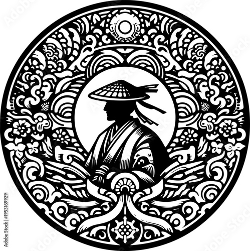 Highly Detailed Vector Logo of a Stoic Shogun or Buke Figure in Traditional Armor and Robes, Suitable for Martial Arts and Gaming Branding