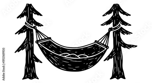 Black and White Line Art Hammock Between Two Pine Trees