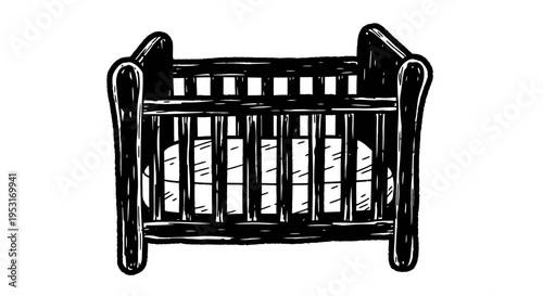 Black and White Line Art of a Baby Crib