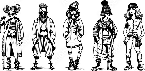 Hipster Lifestyle Character Illustration Set Showing Urban Youth Fashion, Creative Personal Style, and Contemporary Street Culture