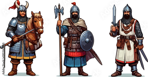 Historical Illustration of Medieval Soldiers and Crusader Warriors Wearing Armor and Helmets
