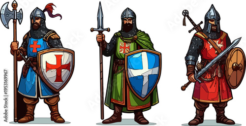 Historical Illustration of Medieval Soldiers and Crusader Warriors Wearing Armor and Helmets