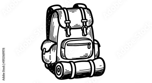 Black and White Line Art Backpack with Sleeping Bag
