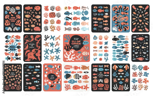 Vibrant abstract patterns featuring marine life and cultural motifs Vector