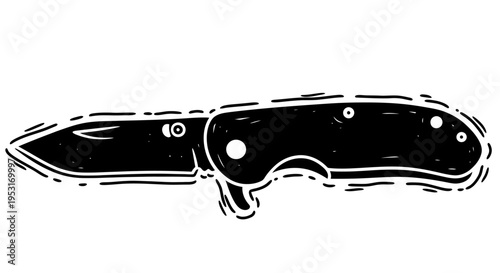 Black and White Line Art Folding Knife Silhouette, Vector Illustration
