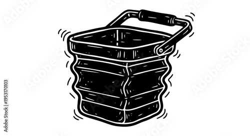 Black and White Line Art of Collapsible Bucket with Handle