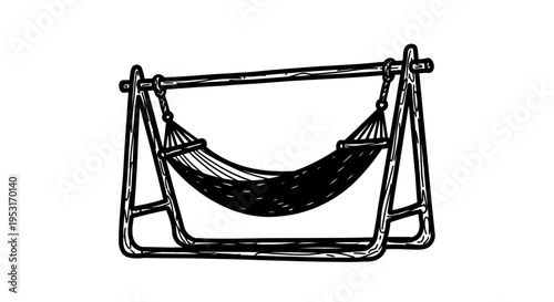 Black and White Line Art of a Hammock on a Stand for Outdoor Relaxation