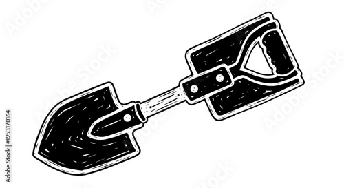 Black and white sketch of a shovel, construction tool, vector art