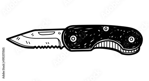 Black and White Line Art Drawing of a Pocket Knife