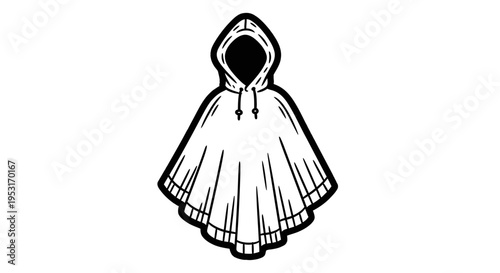 Black and White Line Art of a Hooded Poncho