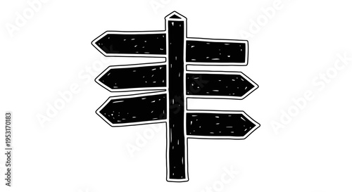 Black and White Line Art Signpost with Three Arrow Shaped Direction Signs