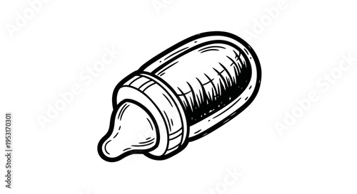 Black and White Line Art of a Baby Bottle with Milk Droplets