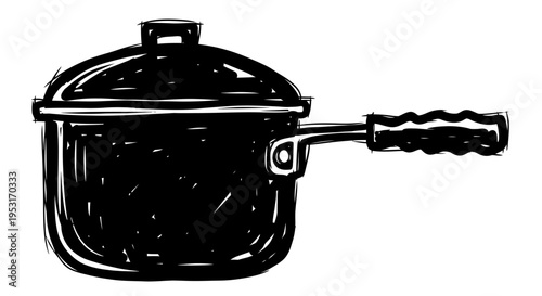 Black and white sketch of a saucepan with lid and handle on white background