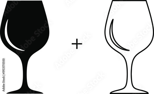 Wine Glass Silhouette and Outline Vector Icon Set Vector