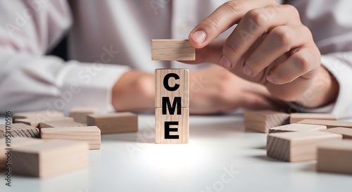 Cme acronym on stacked wooden blocks being held by a hand, representing trading or education, continuous medical education