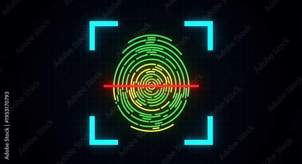 Fototapeta premium Green fingerprint scan with red line and blue corners on grid